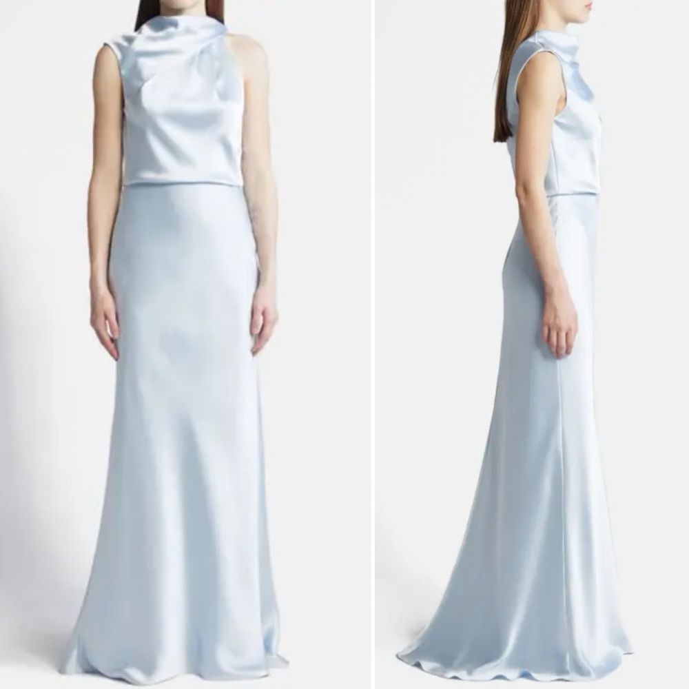 NEW Amsale Fluid Satin Draped Neck Dress in Ice Blue BHLDN Gown Asymetrical - Picture 2 of 10